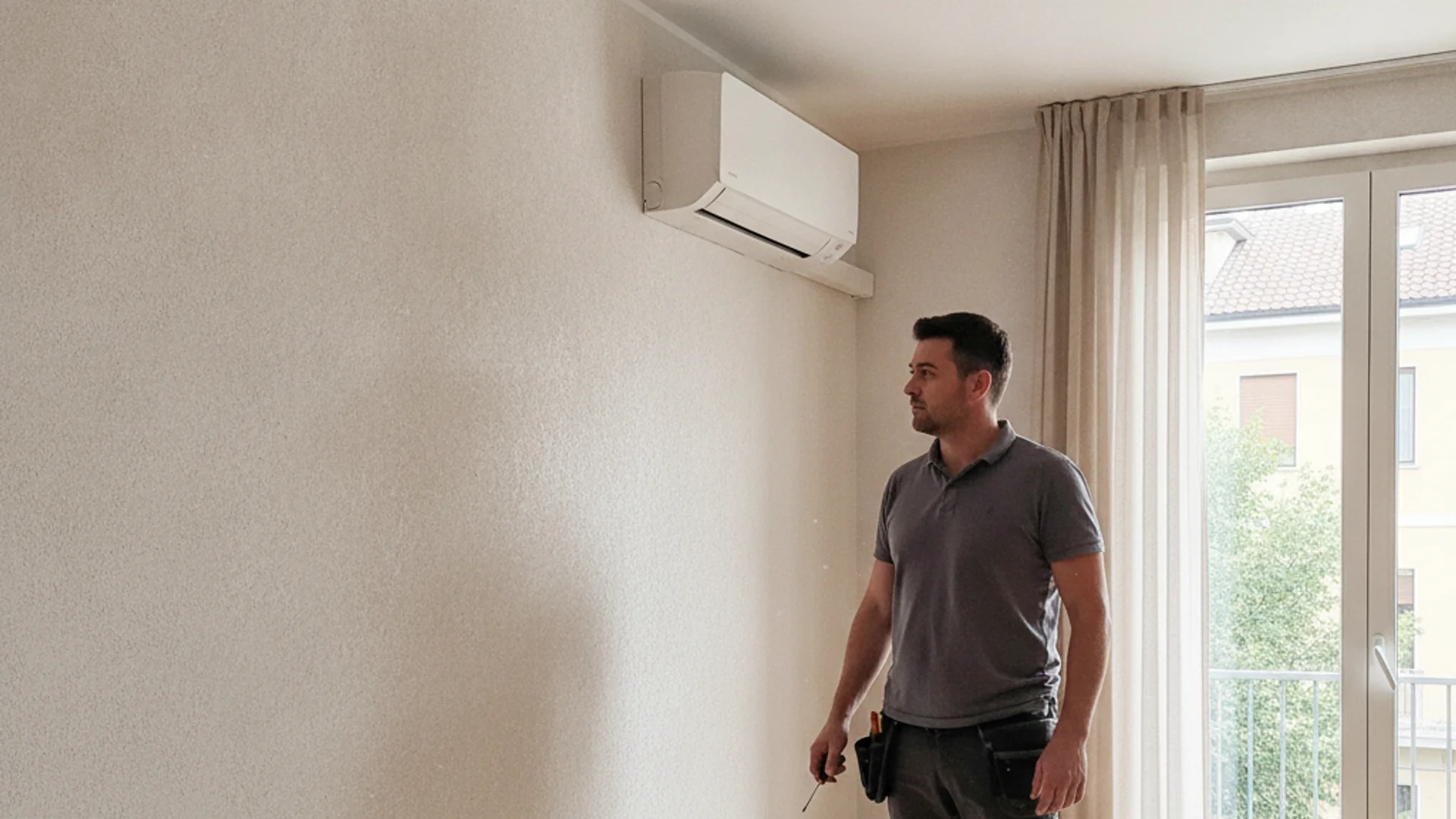 Technician servicing a modern split air conditioning unit in a Milan apartment